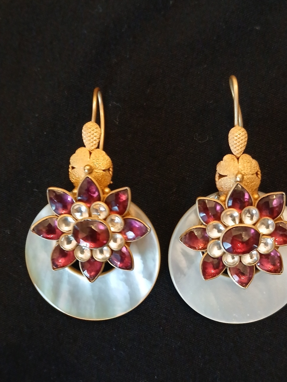 Gold-Tone Shell Drop Earrings with Red Gem Flower